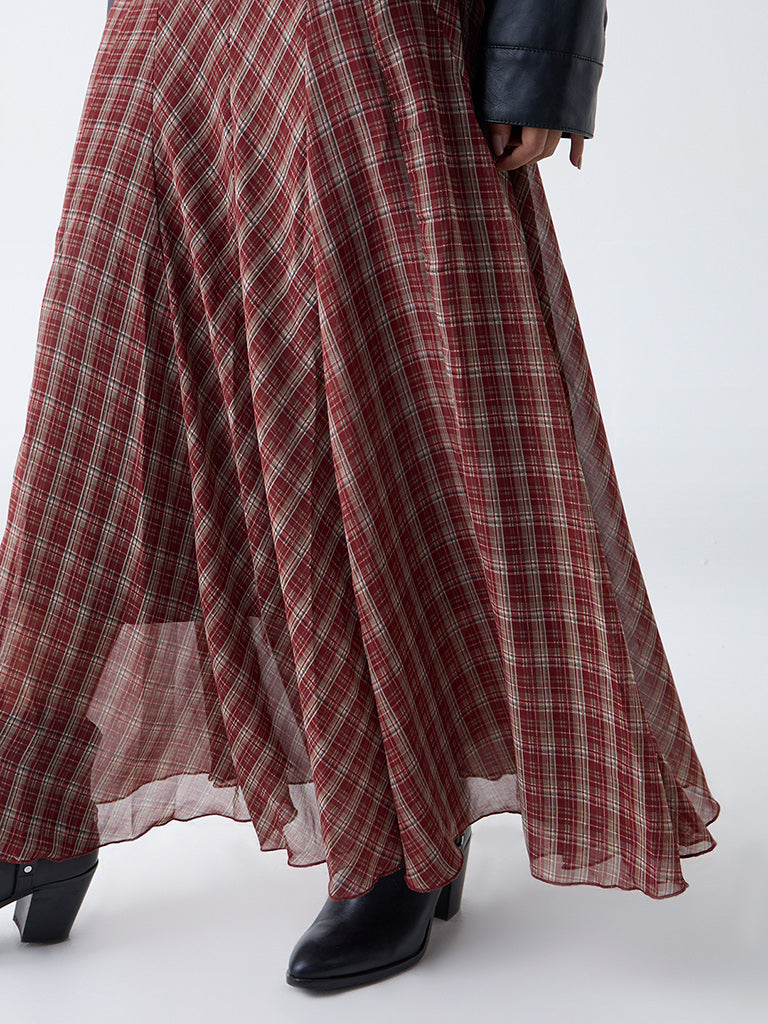 LOV Maroon Check Pattern High-Rise Skirt-Online Exclusive