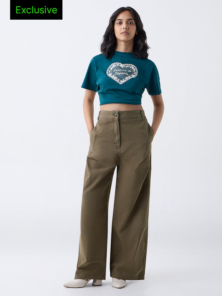 LOV Olive High-Rise Baggy Cotton Trousers-Online Exclusive
