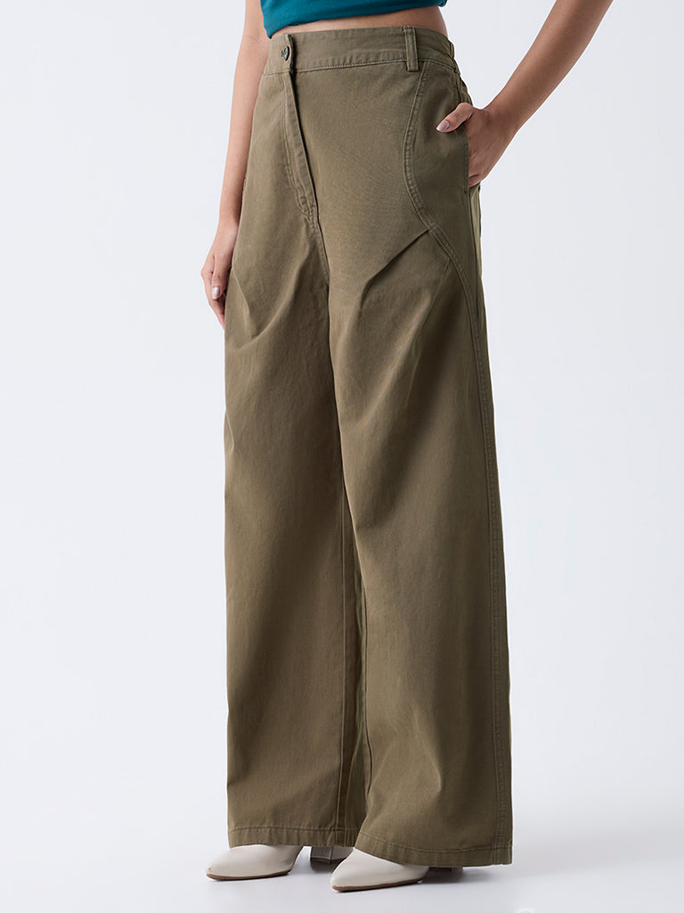 LOV Olive High-Rise Baggy Cotton Trousers-Online Exclusive