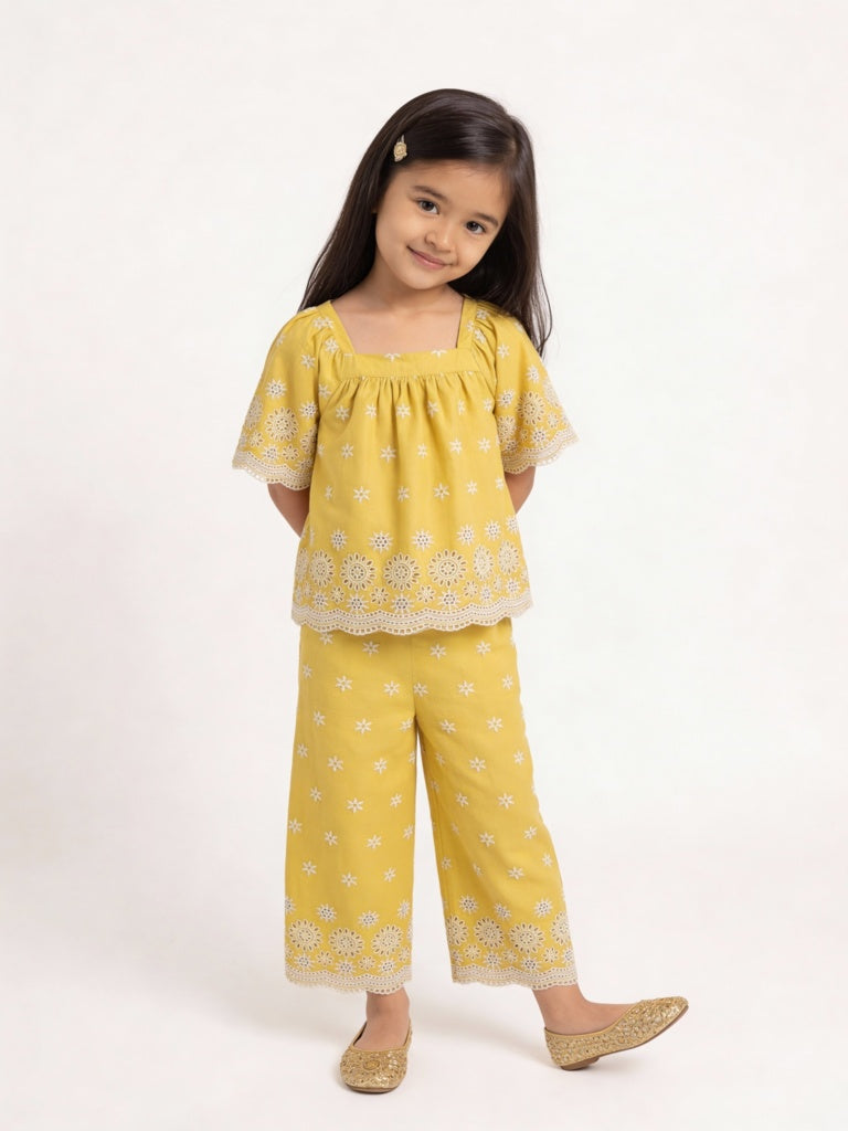 Utsa Kids Girls Yellow Floral Embroidered Cotton Ethnic Pants - (2-8 yrs)