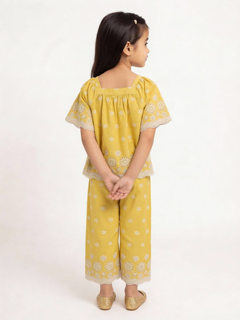 Utsa Kids Girls Yellow Floral Embroidered Cotton Ethnic Pants - (2-8 yrs)