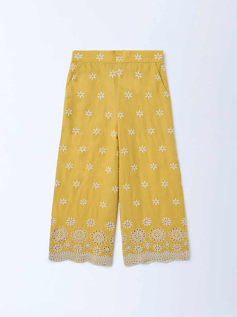 Utsa Kids Girls Yellow Floral Embroidered Cotton Ethnic Pants - (2-8yrs)