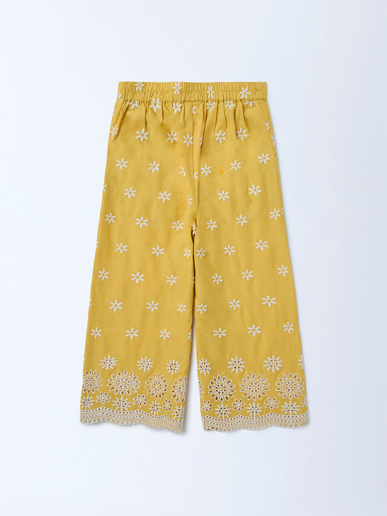 Utsa Kids Girls Yellow Floral Embroidered Cotton Ethnic Pants - (2-8yrs)