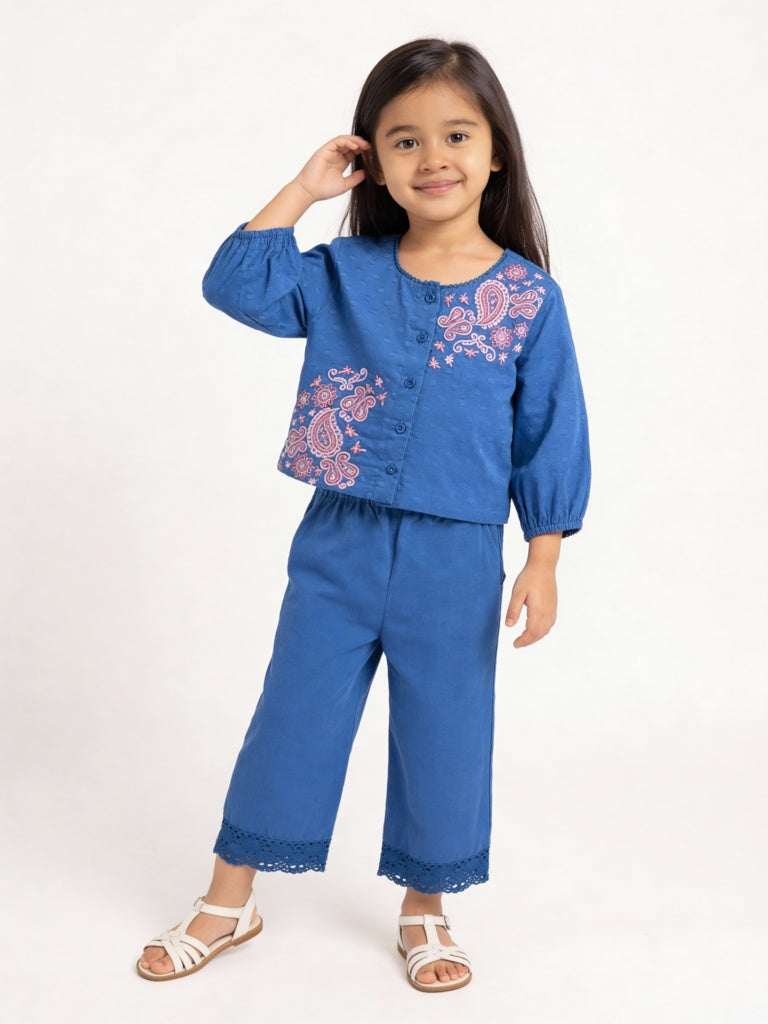 Utsa Kids Girls Indigo Lace Detailed Mid-Rise Cotton-Blend Pants - (2-8 yrs)