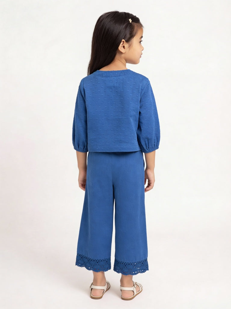 Utsa Kids Girls Indigo Lace Detailed Mid-Rise Cotton-Blend Pants - (2-8 yrs)