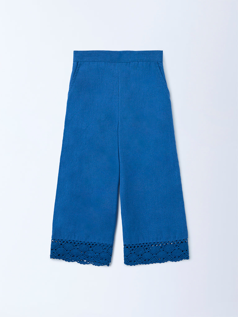 Utsa Kids Girls Indigo Lace Detailed Mid-Rise Cotton-Blend Pants - (2-8 yrs)