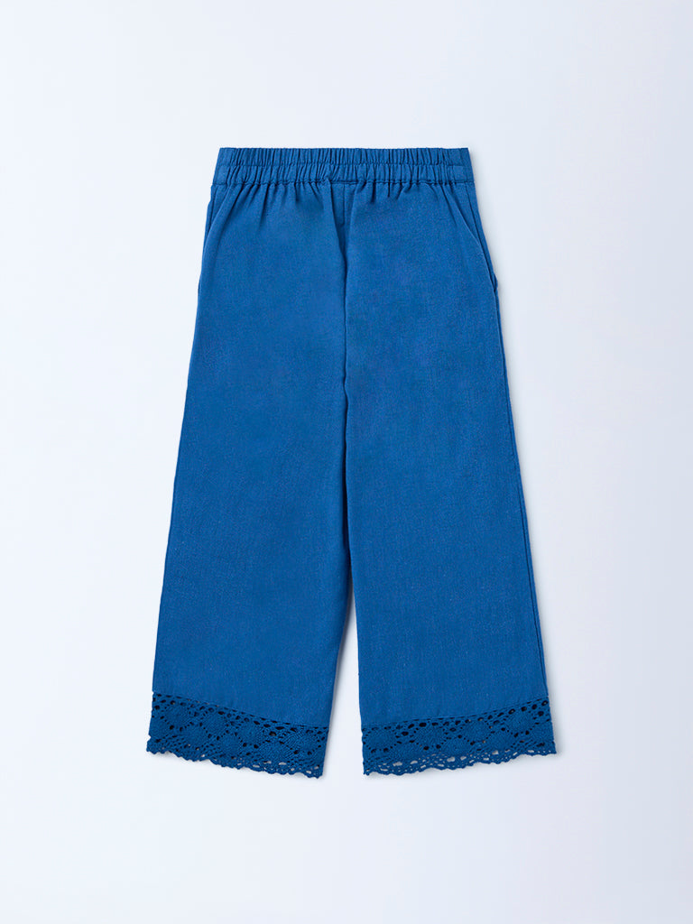 Utsa Kids Girls Indigo Lace Detailed Mid-Rise Cotton-Blend Pants - (2-8 yrs)