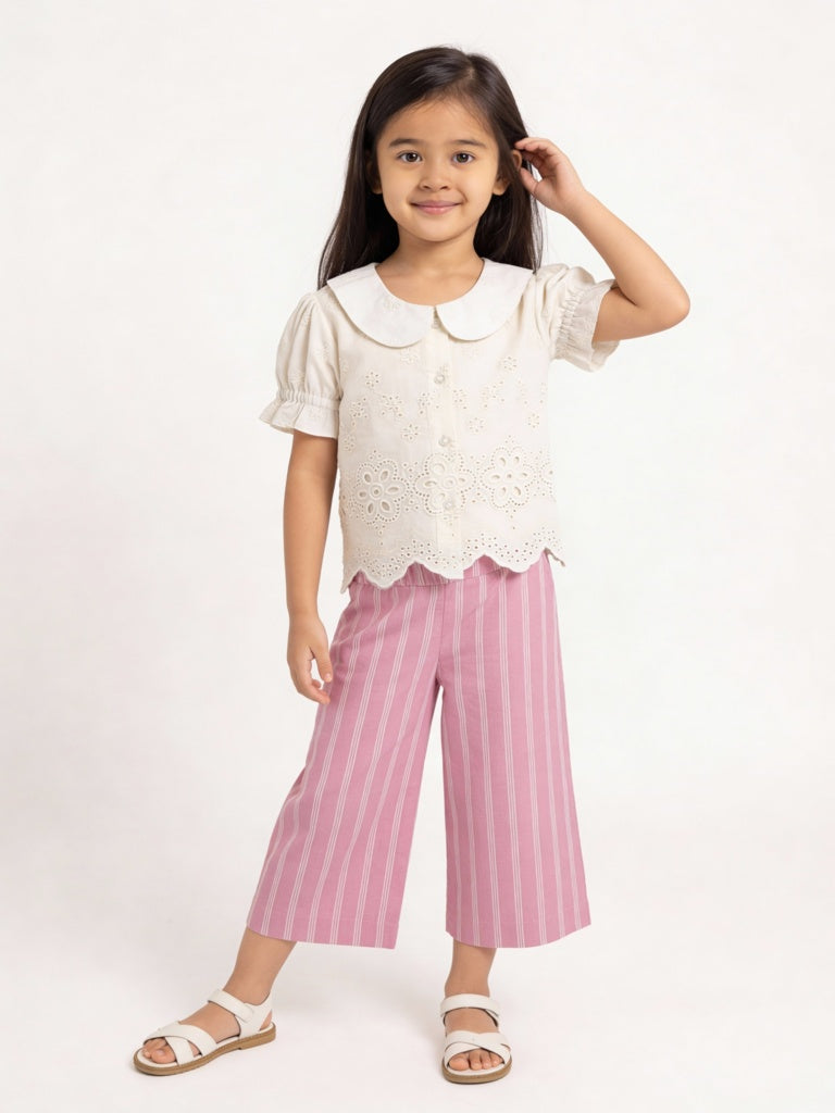 Utsa Kids Girls Light Pink Striped Mid-Rise Cotton-Blend Pants - (2-8 yrs)