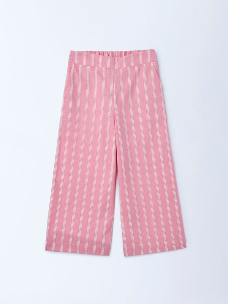 Utsa Kids Girls Light Pink Striped Mid-Rise Cotton-Blend Pants - (2-8 yrs)