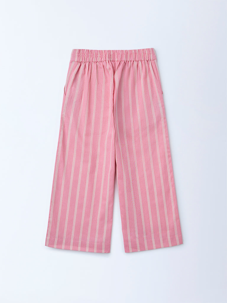 Utsa Kids Girls Light Pink Striped Mid-Rise Cotton-Blend Pants - (2-8 yrs)
