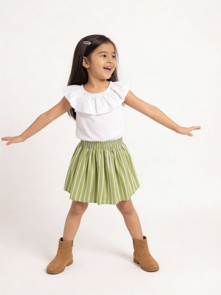 Utsa Kids Girls Sage Green Striped Fit-and-Flare Cotton-Blend Skirt - (2-8 yrs)