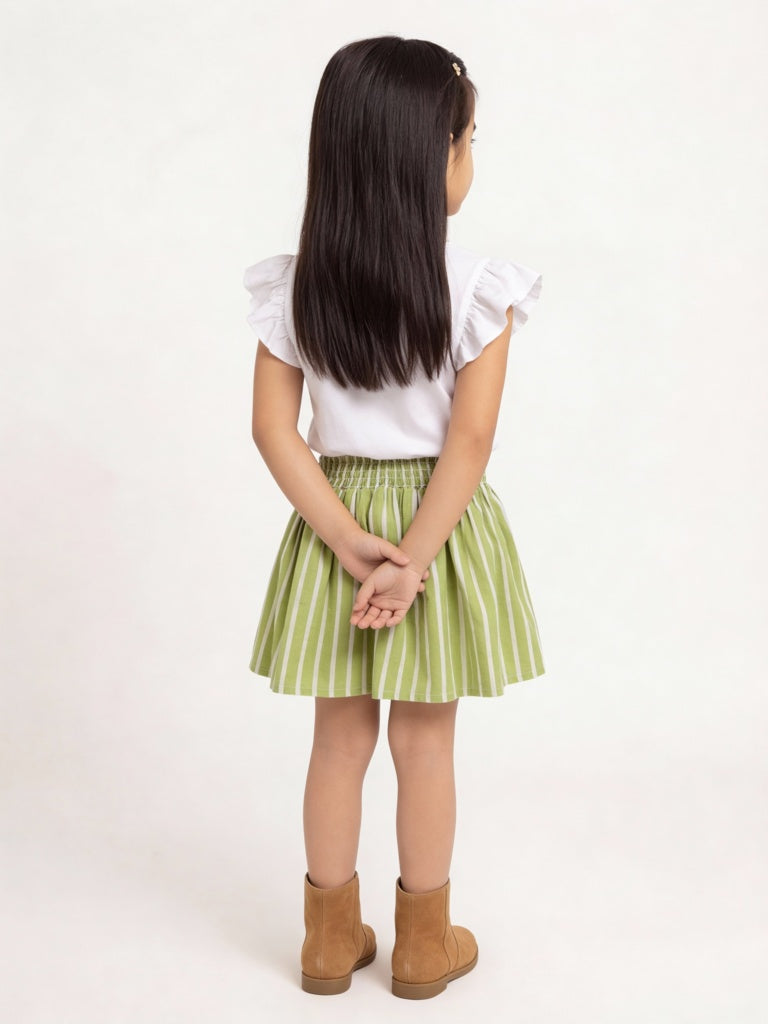 Utsa Kids Girls Sage Green Striped Fit-and-Flare Cotton-Blend Skirt - (2-8 yrs)