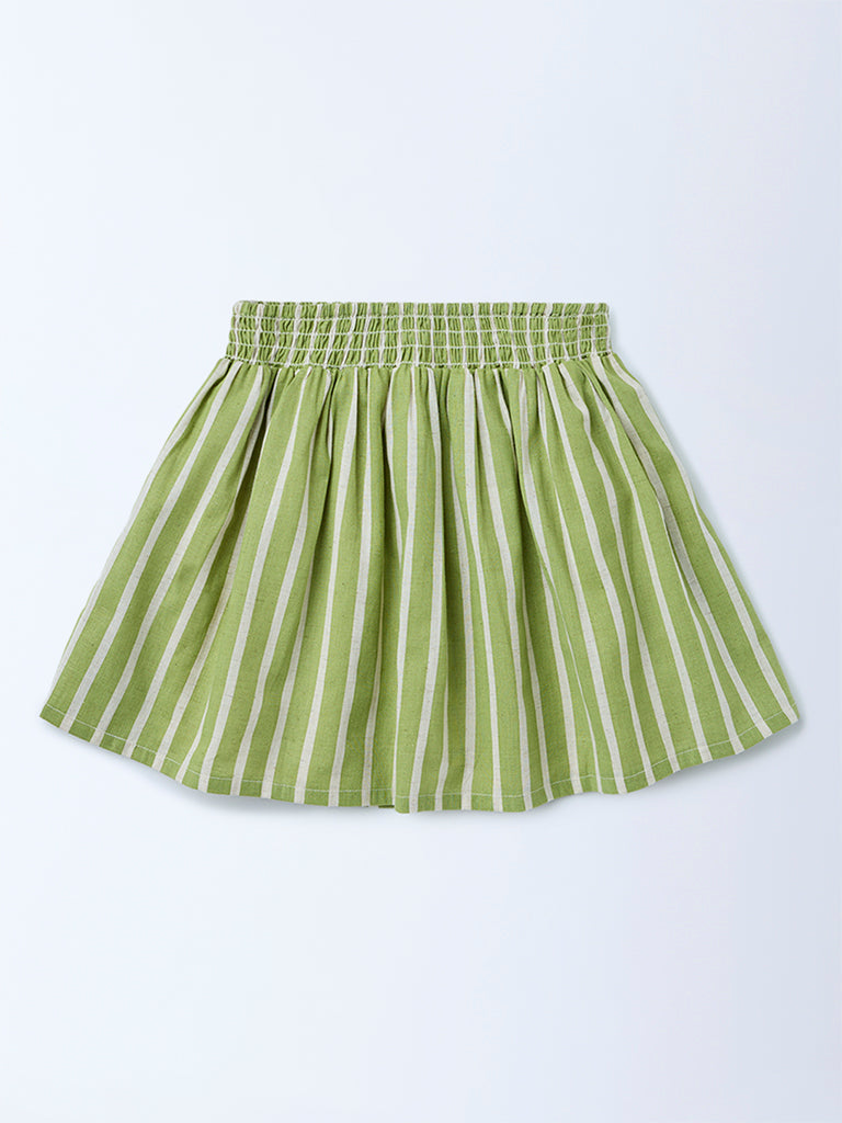 Utsa Kids Girls Sage Green Striped Fit-and-Flare Cotton-Blend Skirt - (2-8 yrs)