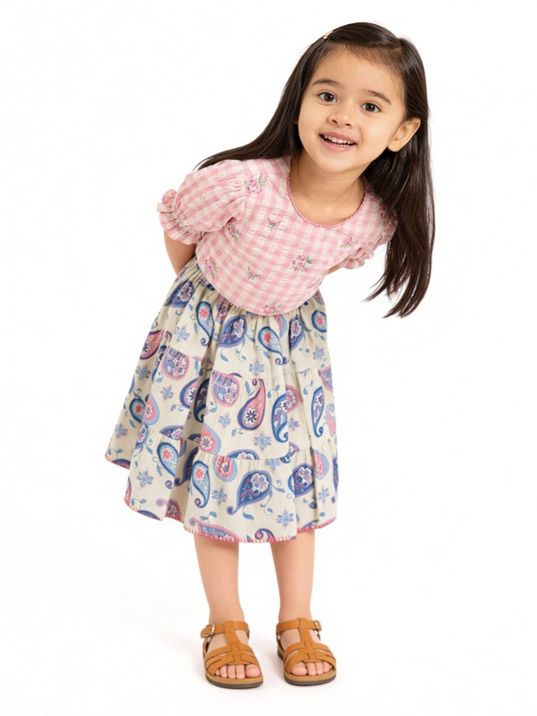 Utsa Kids Girls Off-White Paisley Printed Cotton-Blend Flared Tiered Skirt - (2-8 yrs)
