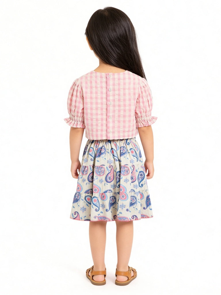 Utsa Kids Girls Off-White Paisley Printed Cotton-Blend Flared Tiered Skirt - (2-8 yrs)