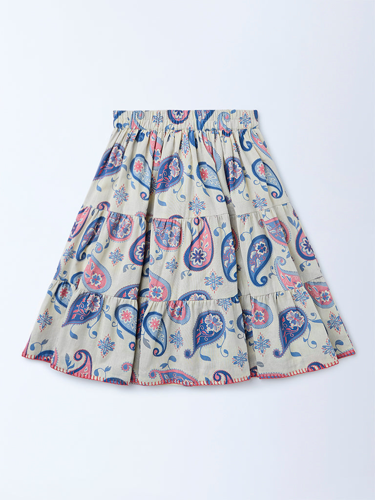 Utsa Kids Girls Off-White Paisley Printed Cotton-Blend Flared Tiered Skirt - (2-8 yrs)