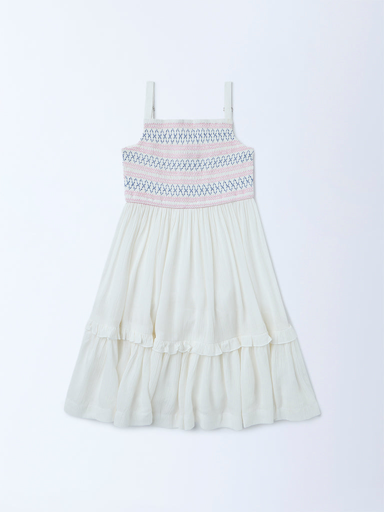 Utsa Kids Girls White Embroidered Fit-and-Flare Dress - (2-8 yrs)
