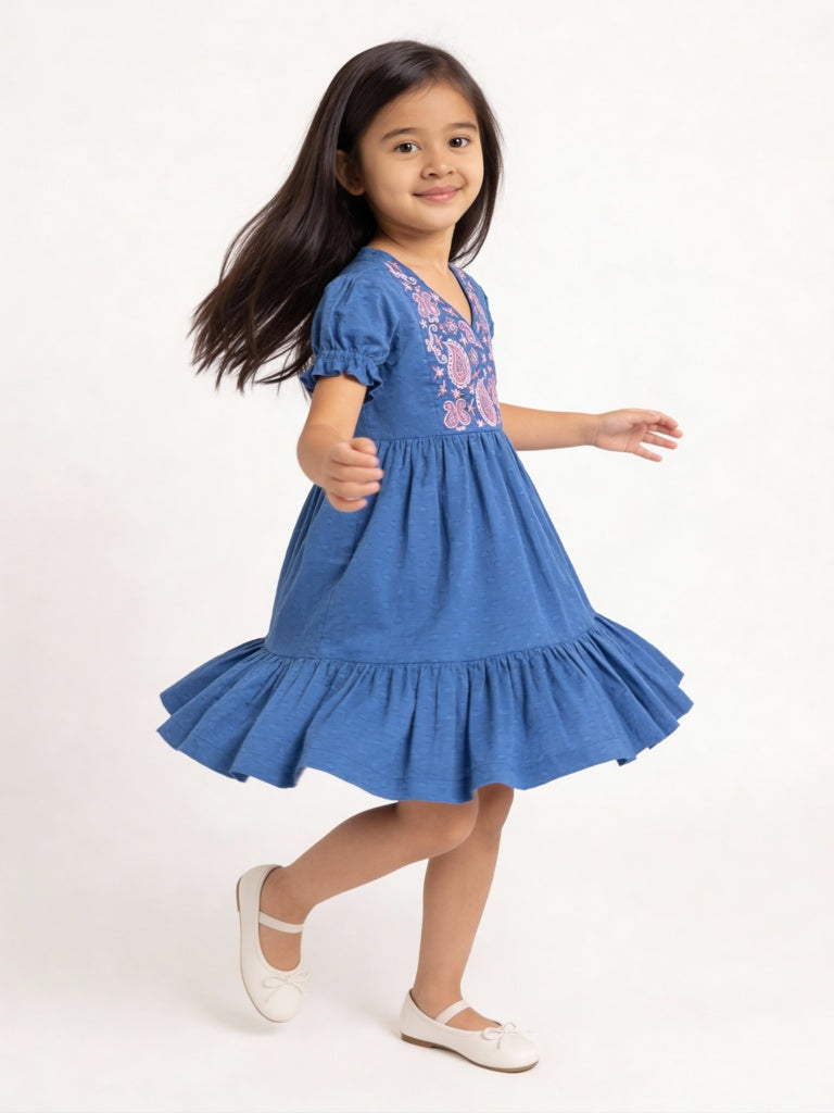 Utsa Kids Girls Indigo Floral Embroidered Flared Cotton-Blend Tiered Dress
