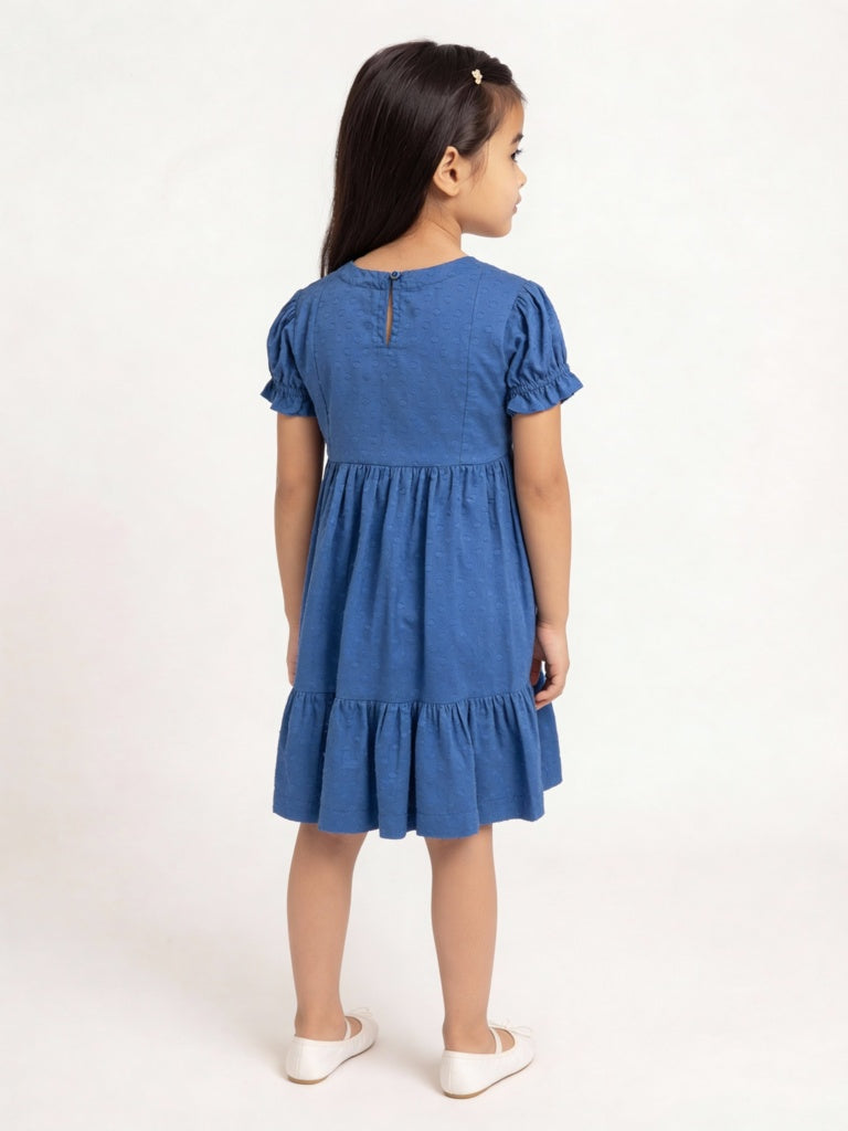 Utsa Kids Girls Indigo Floral Embroidered Flared Cotton-Blend Tiered Dress - (2-8 yrs)