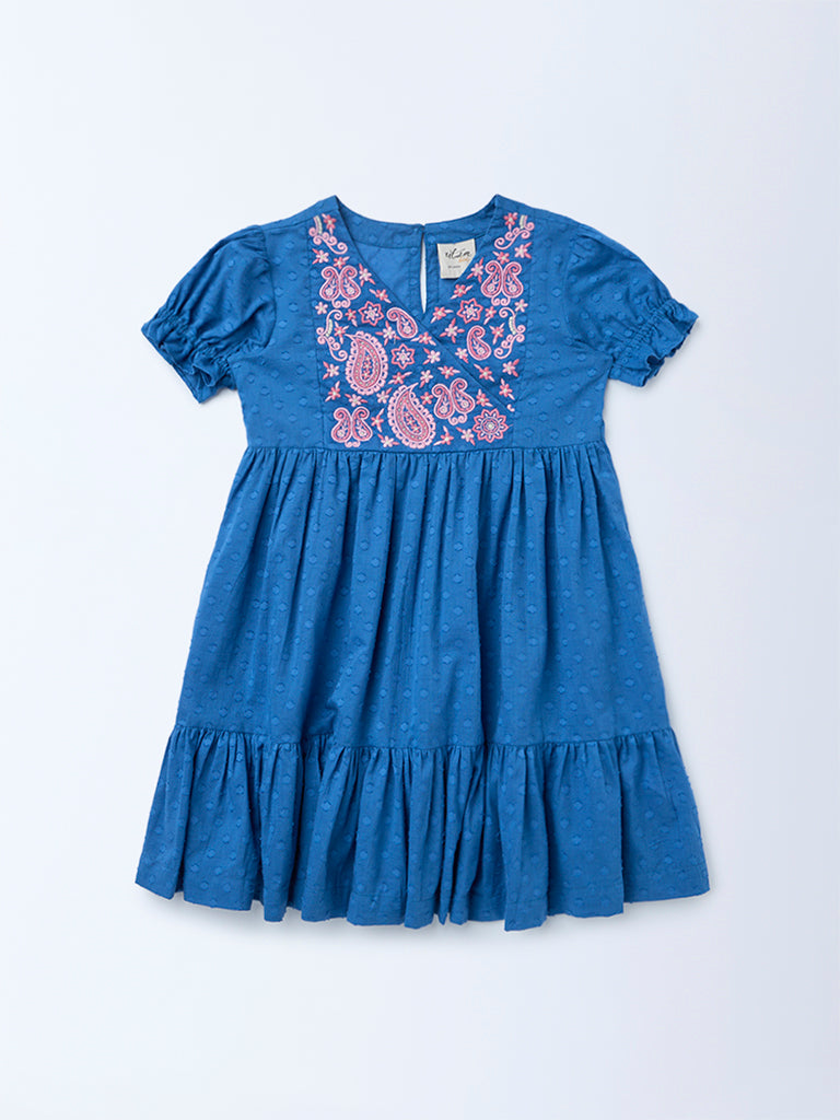 Utsa Kids Girls Indigo Floral Embroidered Flared Cotton-Blend Tiered Dress