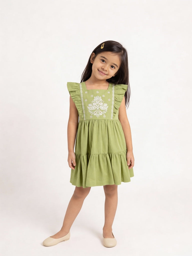 Utsa Kids Girls Mint Green Embroidered Tiered Cotton-Blend Dress - (2-8 yrs)