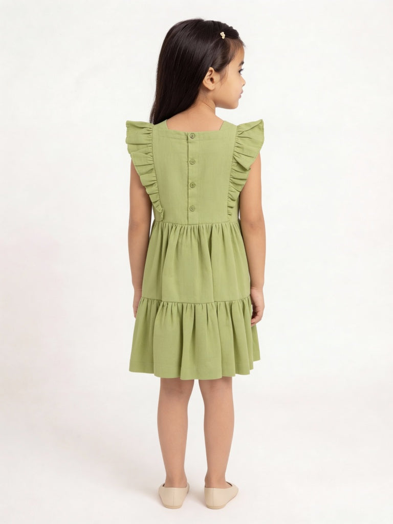 Utsa Kids Girls Mint Green Embroidered Tiered Cotton-Blend Dress - (2-8yrs)