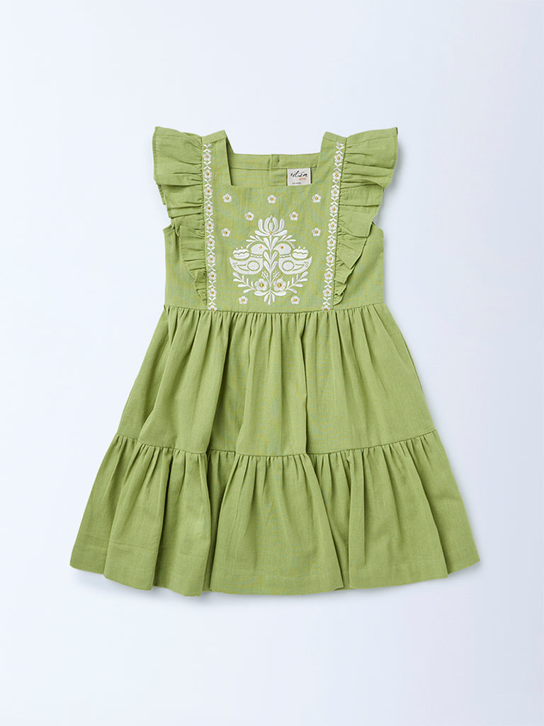 Utsa Kids Girls Mint Green Embroidered Tiered Cotton-Blend Dress - (2-8yrs)