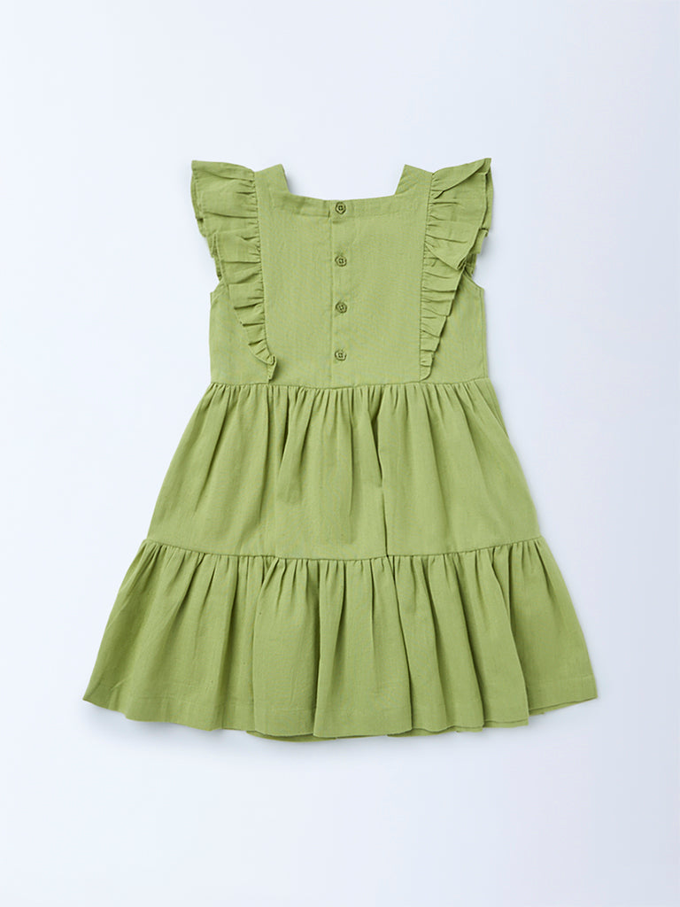 Utsa Kids Girls Mint Green Embroidered Tiered Cotton-Blend Dress - (2-8 yrs)