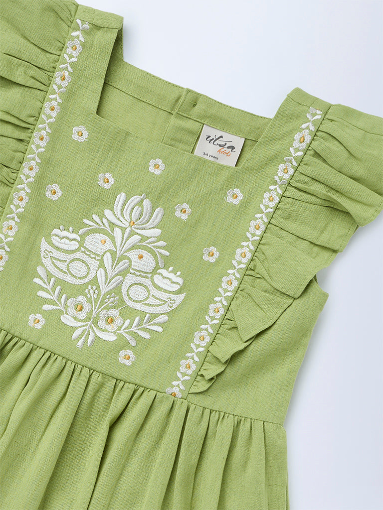 Utsa Kids Girls Mint Green Embroidered Tiered Cotton-Blend Dress - (2-8 yrs)