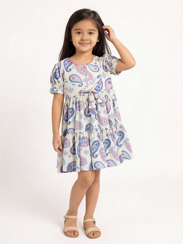 Utsa Kids Girls Off-White Paisley Printed Cotton-Blend Flared Tiered Dress - (2-8 yrs)
