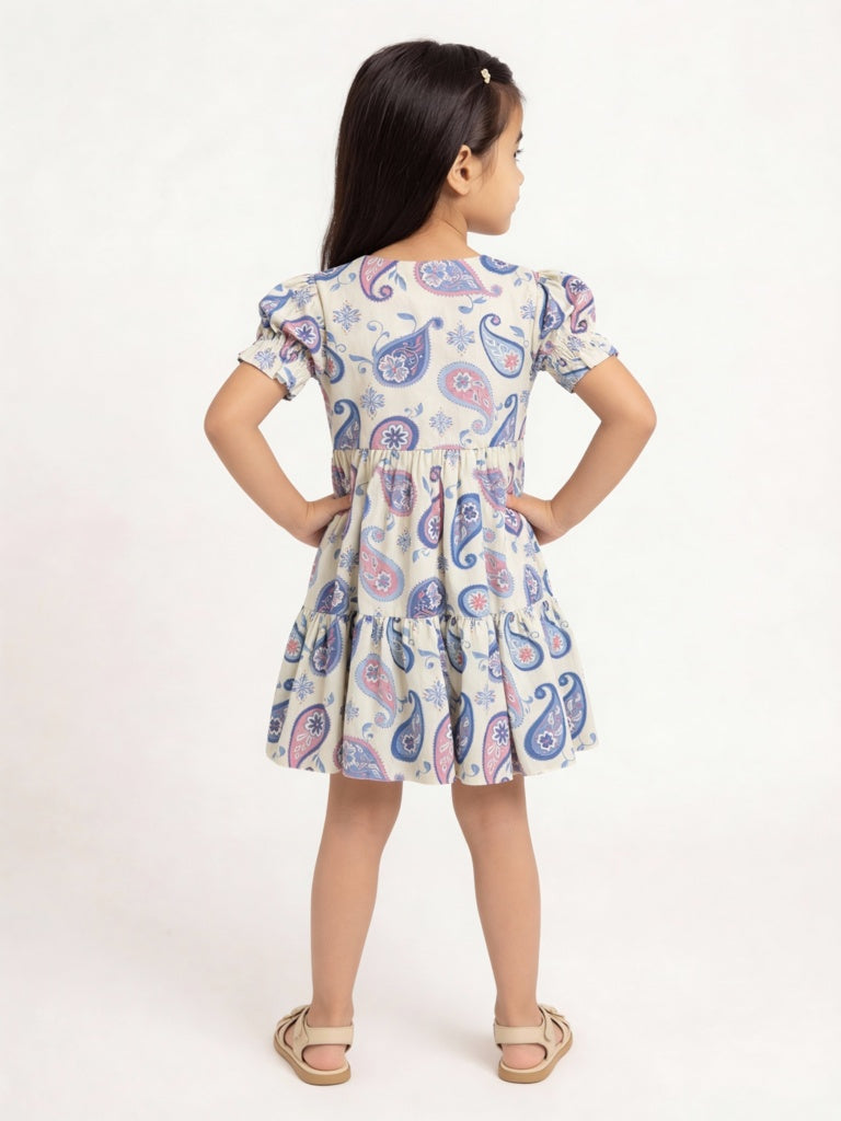 Utsa Kids Girls Off-White Paisley Printed Cotton-Blend Flared Tiered Dress - (2-8 yrs)