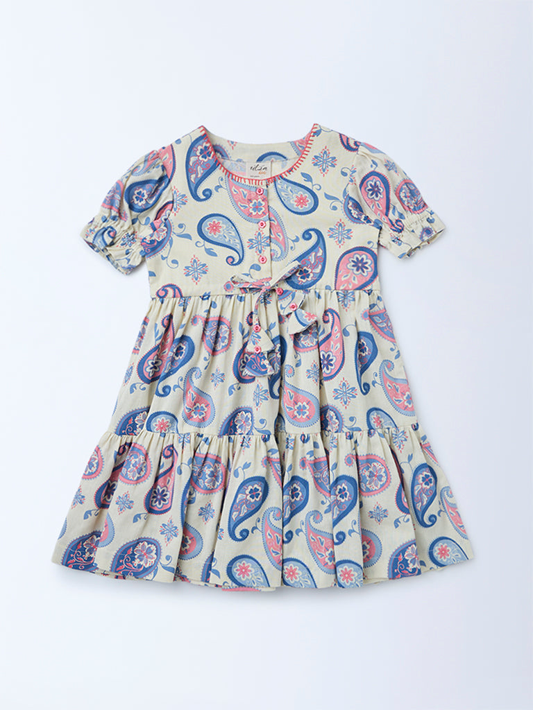 Utsa Kids Girls Off-White Paisley Printed Cotton-Blend Flared Tiered Dress - (2-8 yrs)