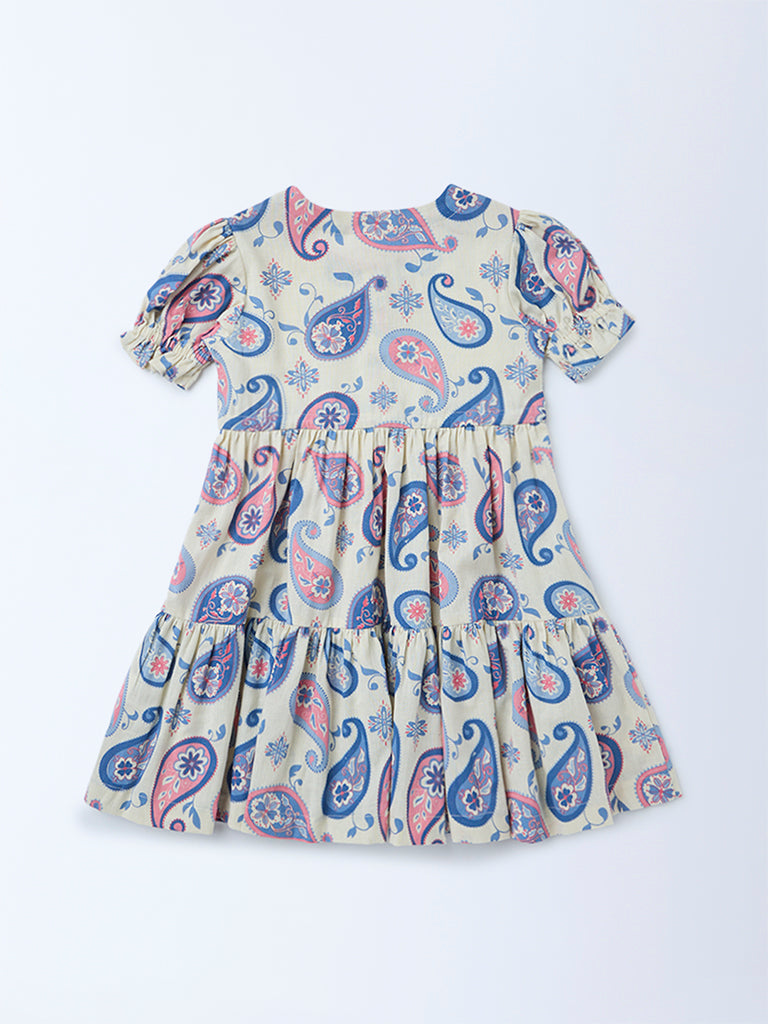 Utsa Kids Girls Off-White Paisley Printed Cotton-Blend Flared Tiered Dress - (2-8 yrs)