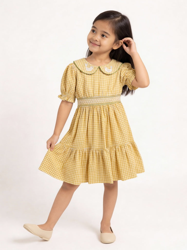 Utsa Kids Girls Yellow Check A-Line Cotton Dress - (2-8 yrs)