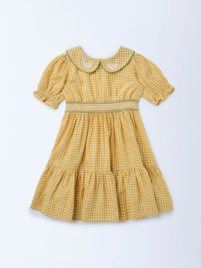Utsa Kids Girls Yellow Check A-Line Cotton Dress - (2-8 yrs)