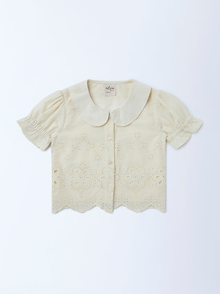 Utsa Kids Girls Off-White Schiffli Embroidered Cotton Top - (2-8 yrs)