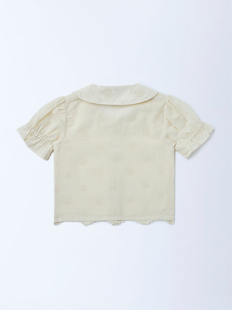 Utsa Kids Girls Off-White Schiffli Embroidered Cotton Top - (2-8 yrs)
