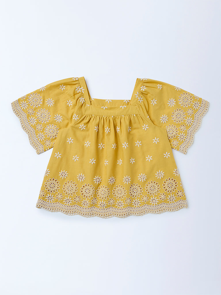 Utsa Kids Girls Yellow Embroidered Cotton Blouse - (2-8 yrs)