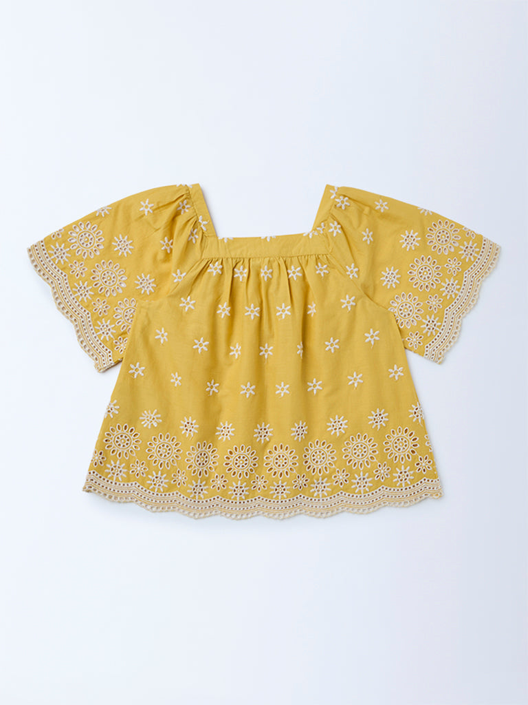 Utsa Kids Girls Yellow Embroidered Cotton Blouse - (2-8yrs)