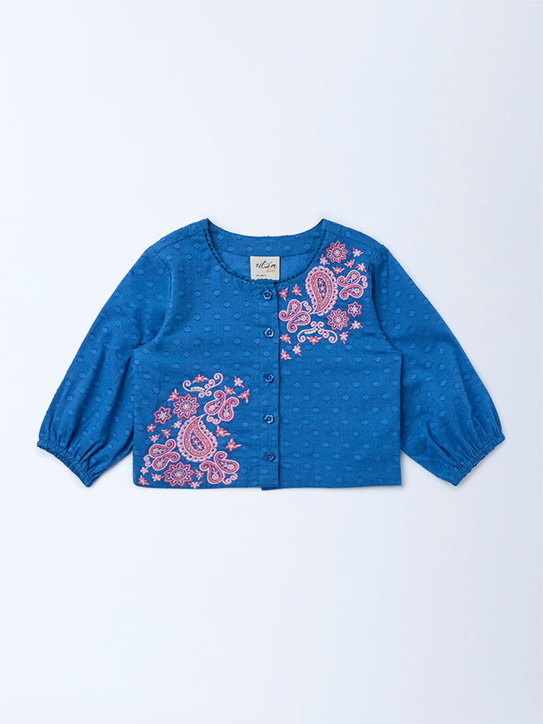 Utsa Kids Girls Indigo Floral Embroidered Cotton-Blend Top - (2-8 yrs)