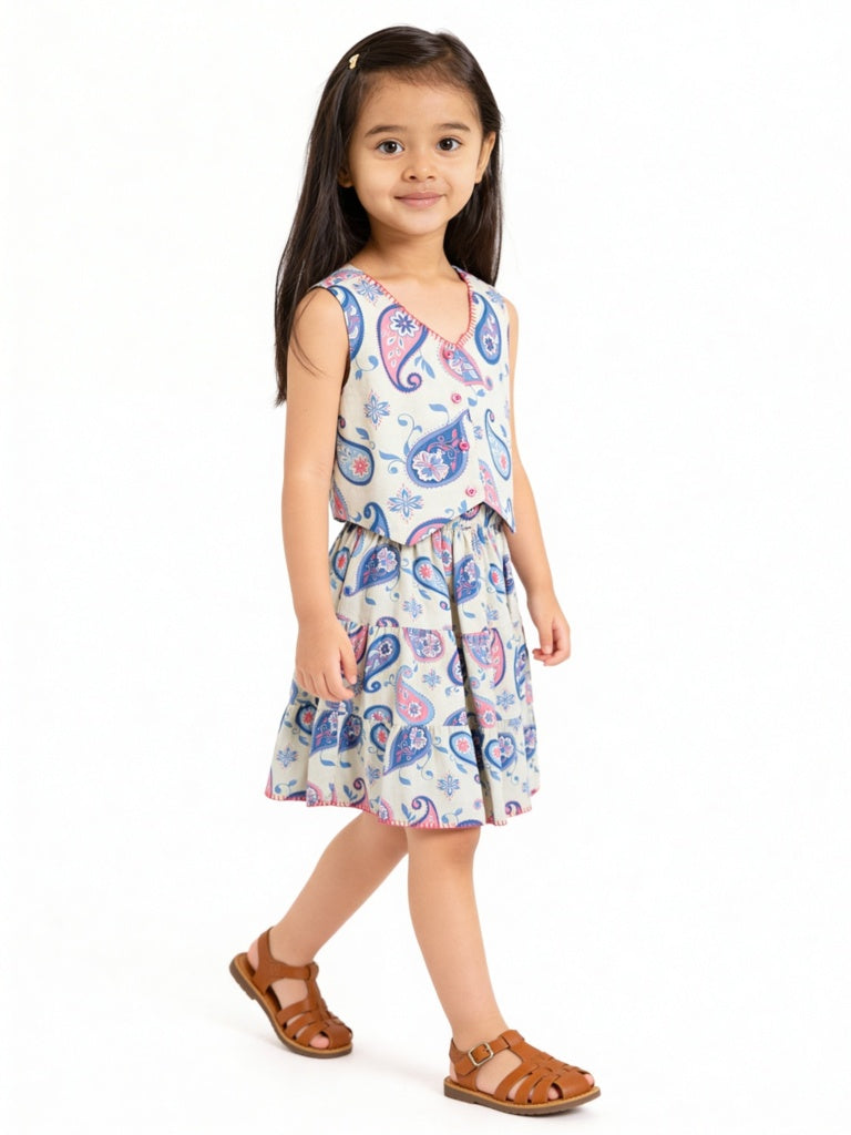 Utsa Kids Girls Off-White Paisley Printed Cotton-Blend Waistcoat - (2-8 yrs)
