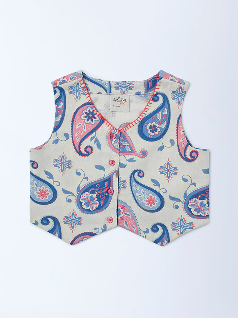 Utsa Kids Girls Off-White Paisley Printed Cotton-Blend Waistcoat - (2-8 yrs)