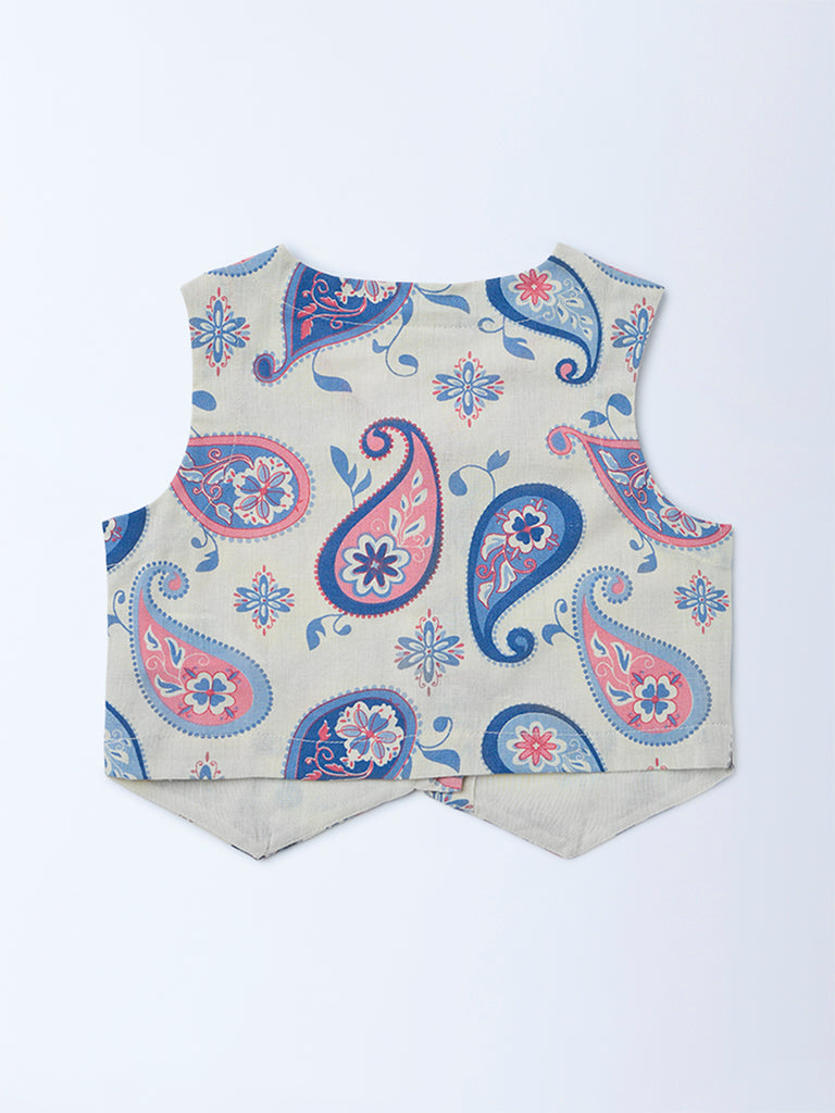 Utsa Kids Girls Off-White Paisley Printed Cotton-Blend Waistcoat - (2-8 yrs)