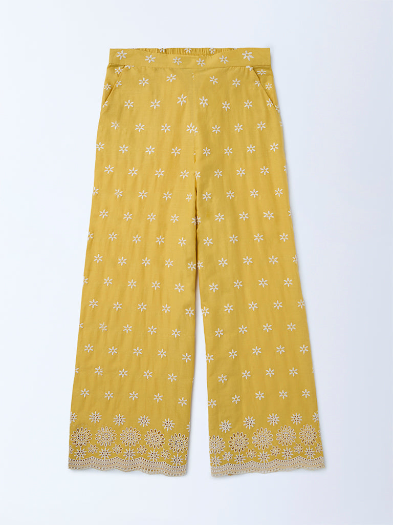 Utsa Kids Girls Yellow Floral Embroidered Cotton Ethnic Pants - (8-14 yrs)