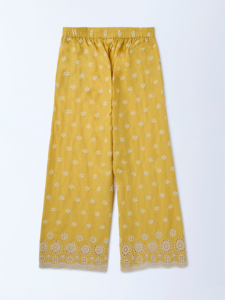 Utsa Kids Girls Yellow Floral Embroidered Cotton Ethnic Pants - (8-14 yrs)
