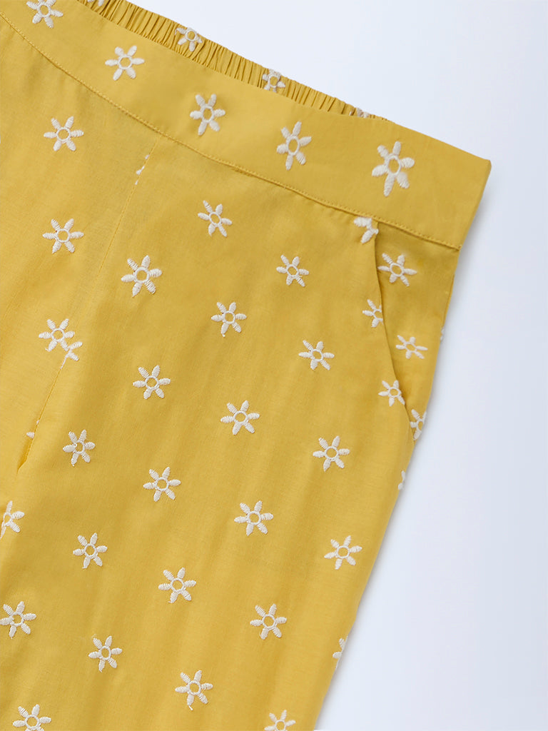 Utsa Kids Girls Yellow Floral Embroidered Cotton Ethnic Pants - (8-14 yrs)