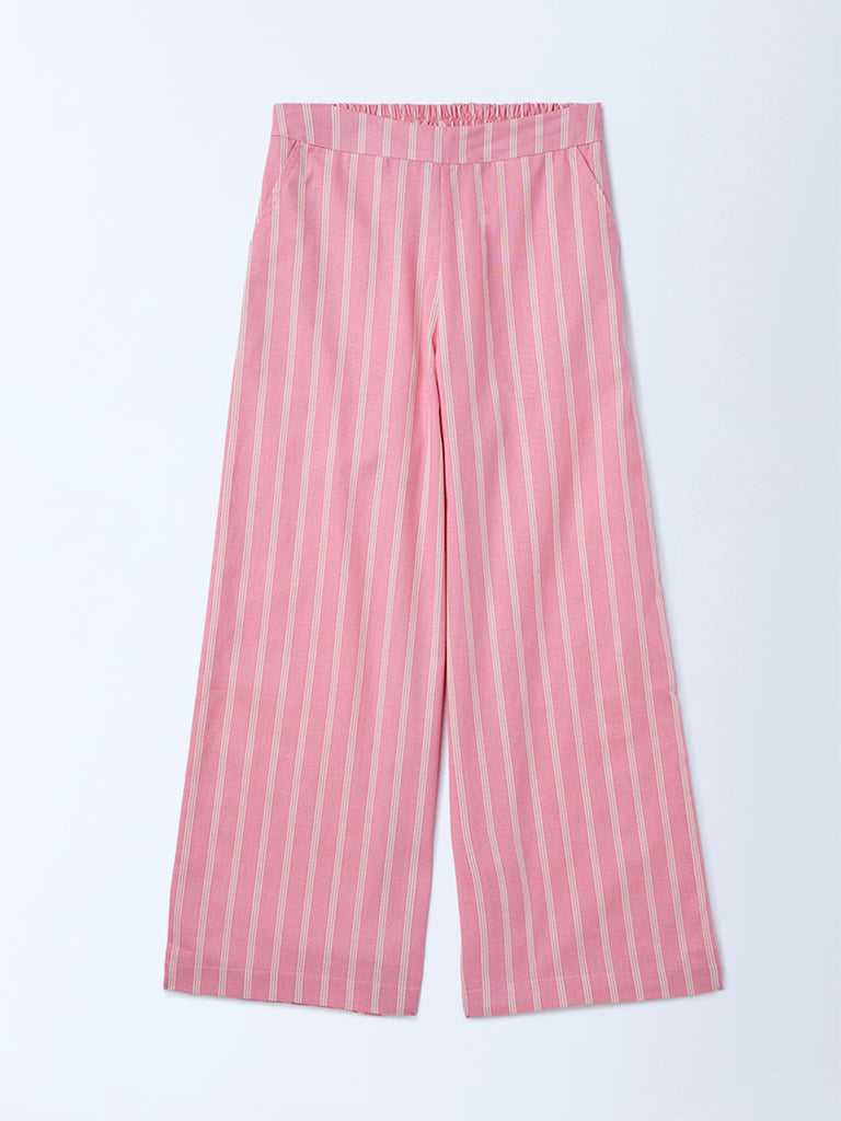 Utsa Kids Girls Light Pink Striped Mid-Rise Cotton-Blend Pants - (8-14 yrs)