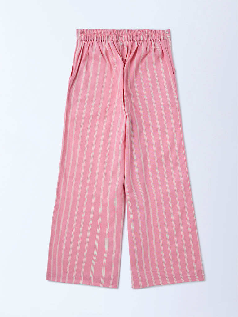 Utsa Kids Girls Light Pink Striped Mid-Rise Cotton-Blend Pants - (8-14 yrs)