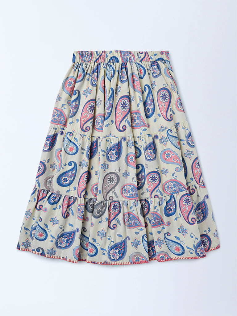 Utsa Kids Girls Off-White Paisley Printed Cotton-Blend Tiered Skirt - (8-14 yrs)