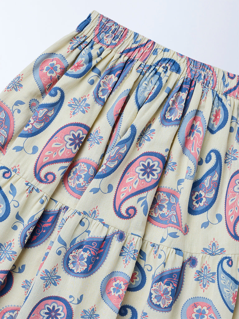 Utsa Kids Girls Off-White Paisley Printed Cotton-Blend Tiered Skirt - (8-14 yrs)